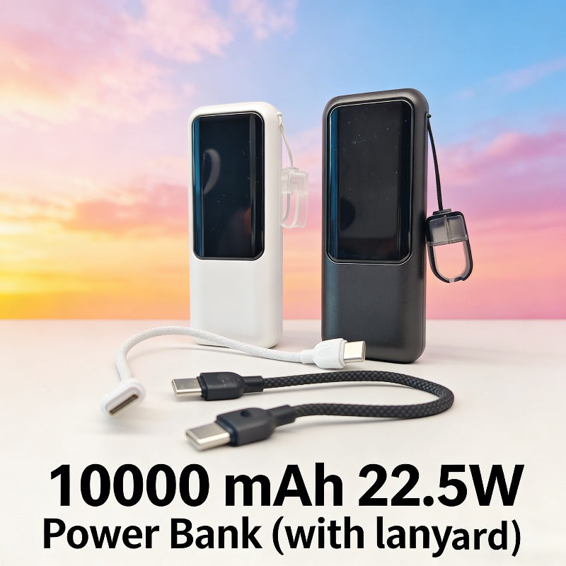 Ultra-Thin Portable Power Bank with Built-in Cable & Fast Charging Suitable for Travel, 10000mAh, USB-C Charger, LED Display, USB-C to USB-C/USB-C to USB- Cable Compatible for Smartphones Tablets Cameras, Compact Mobile Charger