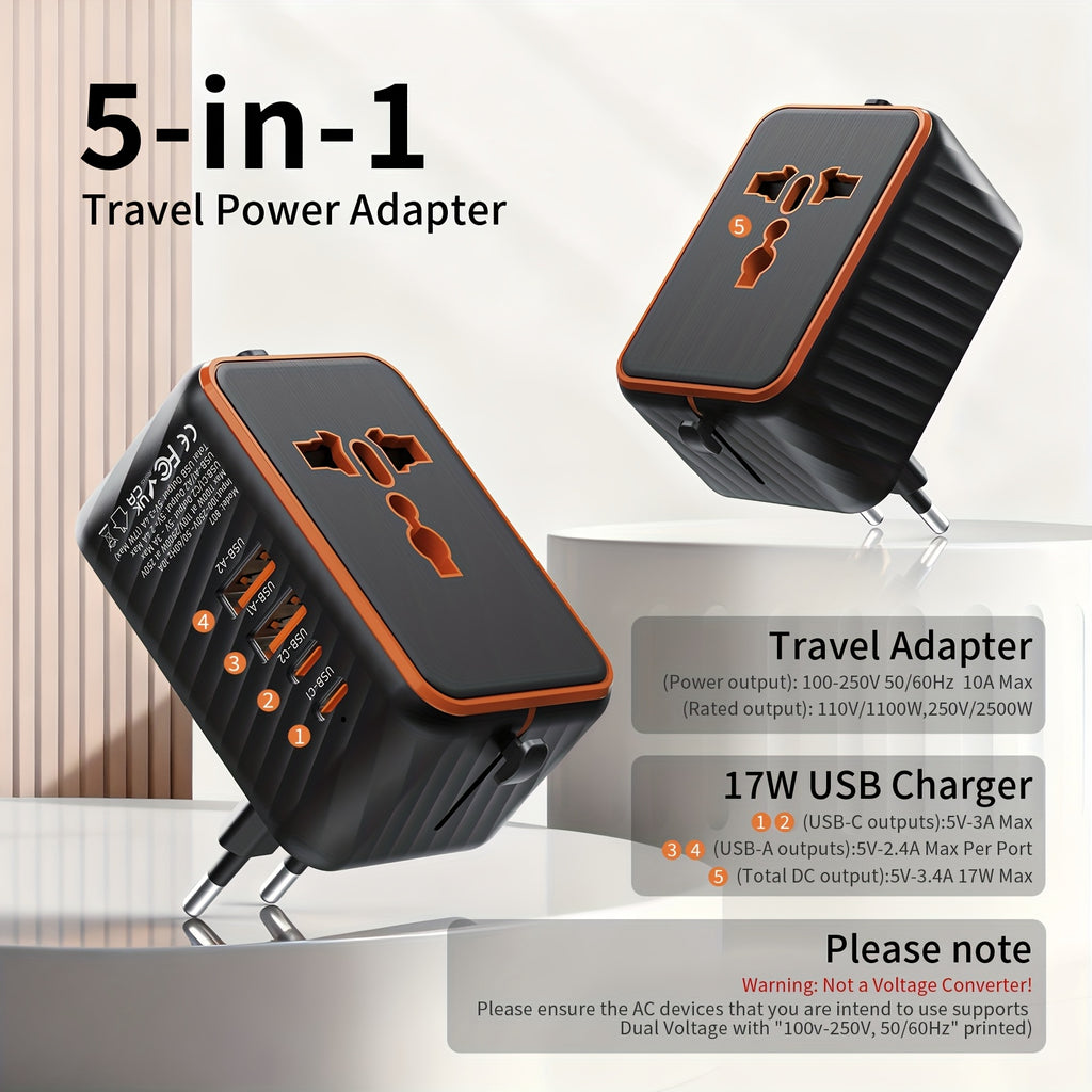5-In-1 Universal Travel Adapter Featuring 2 USB-C And 2 USB-A Ports, Supporting PD And QC 3.0 Fast Charging. This International Power Plug Converter Is Suitable for Use in The US, EU, UK, AU, And Asia