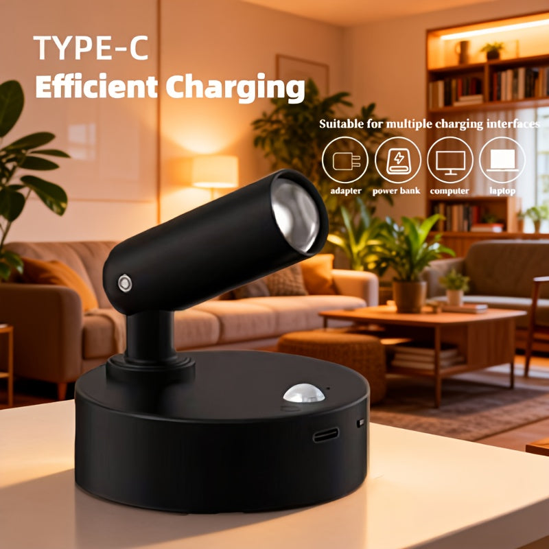 2/3/4-pack wireless spotlight, 3 color temperatures adjustable warm/cool/neutral white light, adjustable lamp arm, black and white two-color minimalist design, no-wiring installation, USB rechargeable