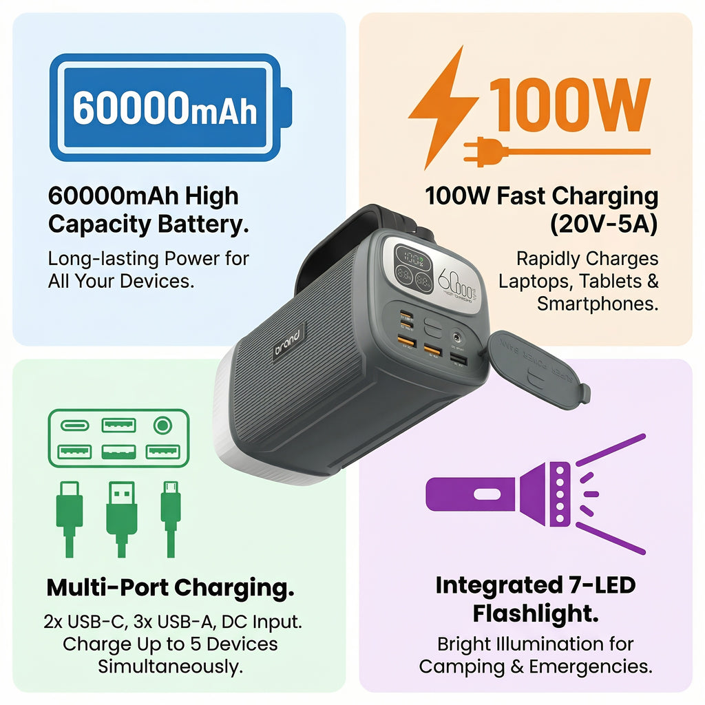 60000Mah Portable Charger, 100W Portable Outdoor Power Station, with Smart Digital Display And Flashlight Lighting, Home Backup Power Supply for Travel And Camping