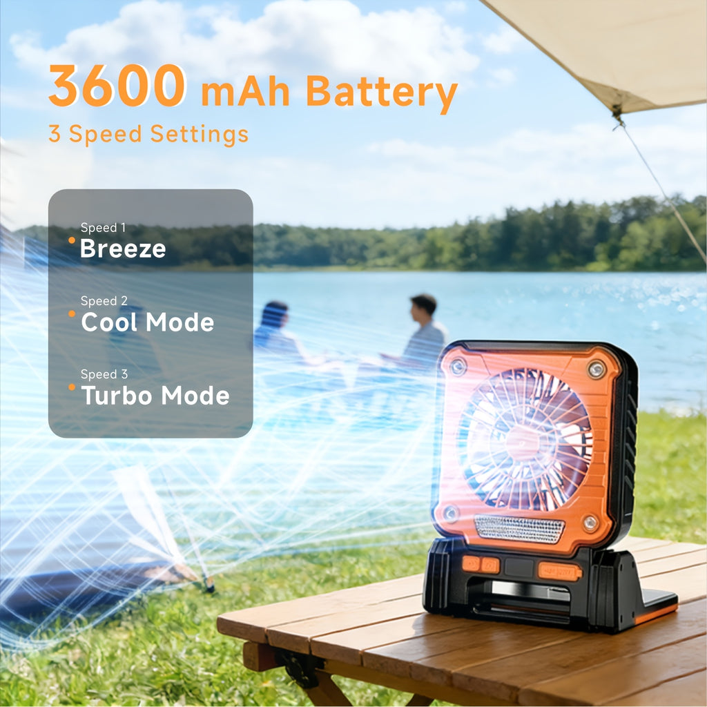 Portable Camping Fan, USB & Solar Charging, 3 Wind Speed Levels, Digital Power Display, 5 Lighting Modes, Emergency Light, Built-in Hook, Ideal for Camping & Auto Repair, Comes with Storage Bag