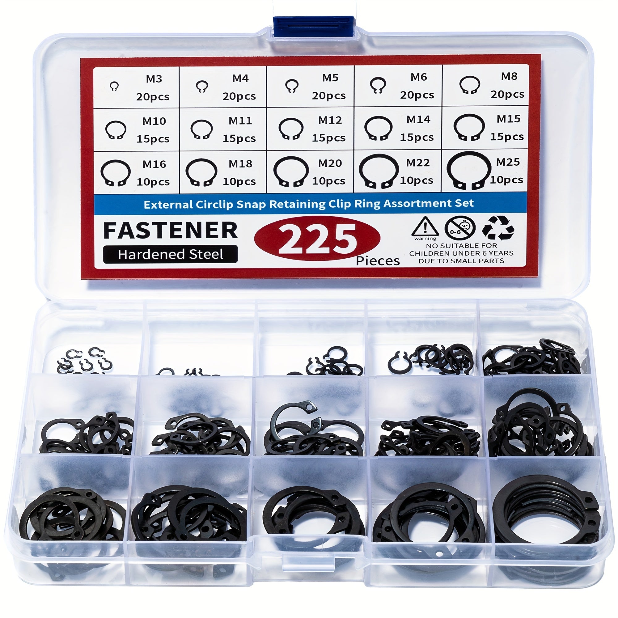 225-Piece External Retaining Ring Assortment, Includes 15 Sizes, Made of 304 Stainless Steel, Fits Shafts from M3 to M25.