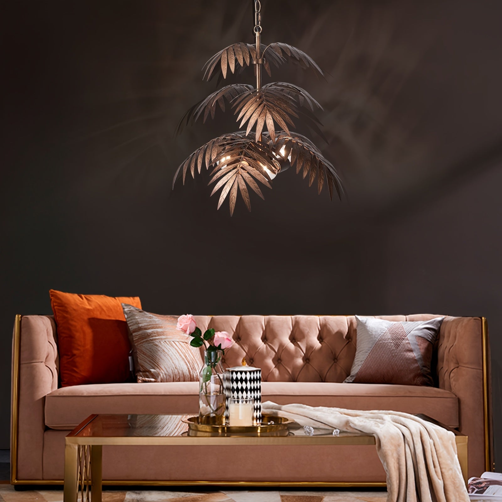 Rustic farmhouse chandelier, gold palm leaf decorative ceiling pendant light, home decor art pendant light