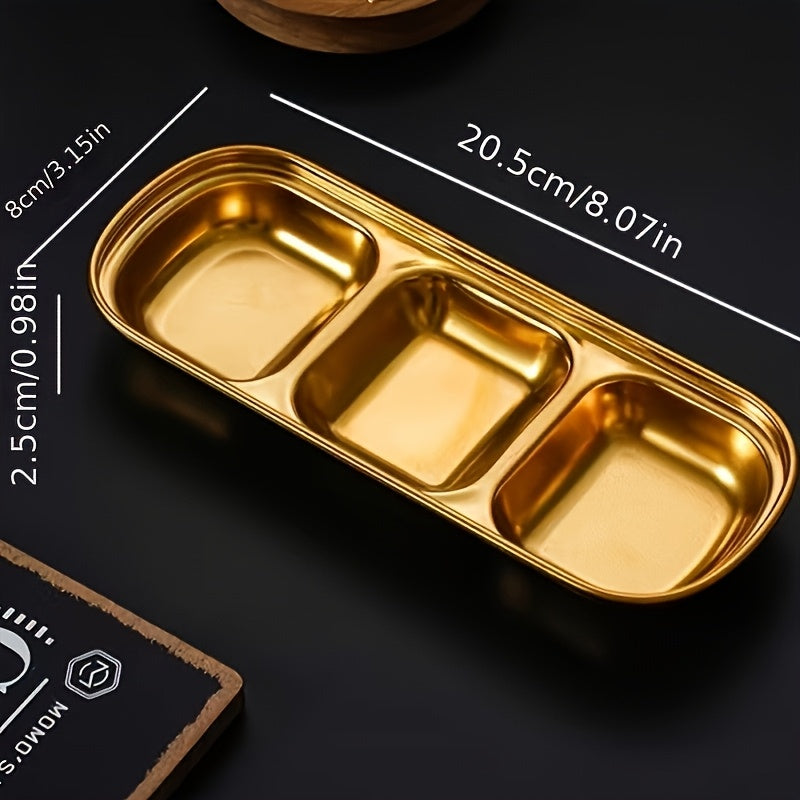 1Pc Golden Compartment Stainless Steel Sauce Plate, Dinner Plate, Salt Vinegar Sugar Seasoning Dipping Bowl