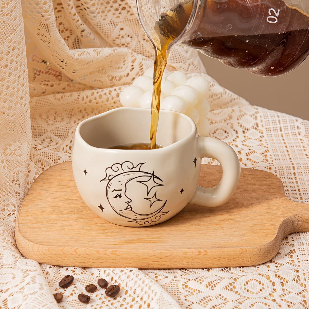 2-Pack 230ml / 7.8oz Retro Valentine’s Day Ceramic Coffee Mug Set, Sun & Moon Face Vintage Design Drinking Cup, Beige Mugs, Bosnian Style Tea Cup, Perfect for Office, Home, Birthday, Party, Valentine’s Day Gift