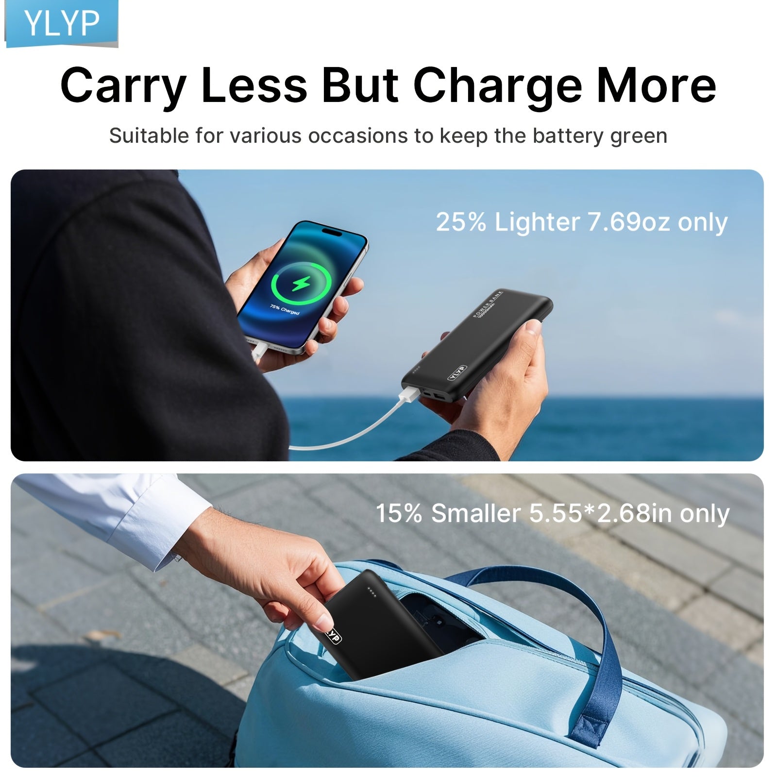 YLYP 1pc Ultra Slim 10000Mah Portable Charger Power Bank, Featuring an LED Light Display, Designed for Travel/Outdoor Emergency Backup, Dual USB Output, Type-C/Micro Input Interface