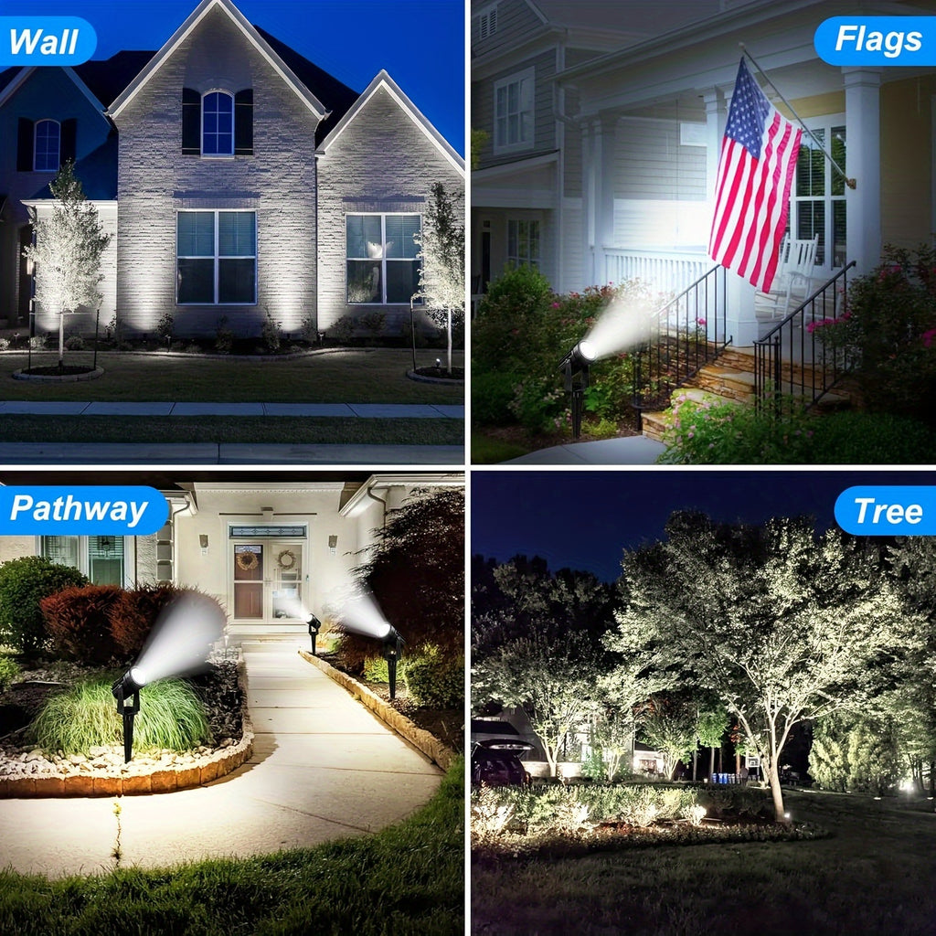 Outdoor solar spotlights, available in 2/4-pack, offering warm white and cool white options, suitable for landscaping, Christmas decoration, and illuminating yards, trees, gardens, ponds, and pool areas