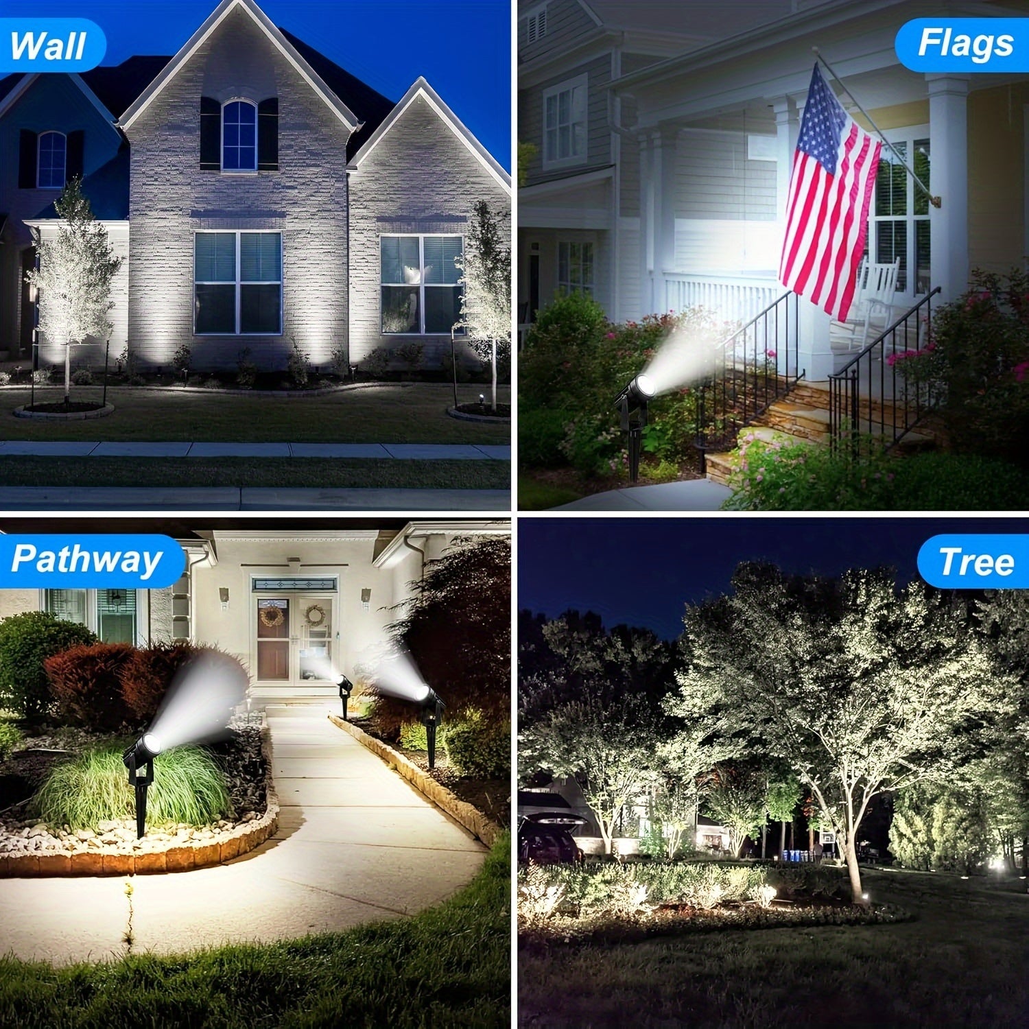 Outdoor solar spotlights, available in 2/4-pack, offering warm white and cool white options, suitable for landscaping, Christmas decoration, and illuminating yards, trees, gardens, ponds, and pool areas