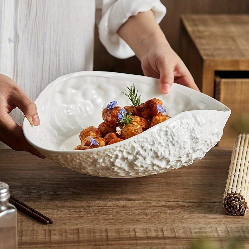 New Light Luxury Large Steamed Fish & Soup Plate, High-End Hotel Tableware, Rock Grain Shell-Shaped Ceramic Plate for Home Use