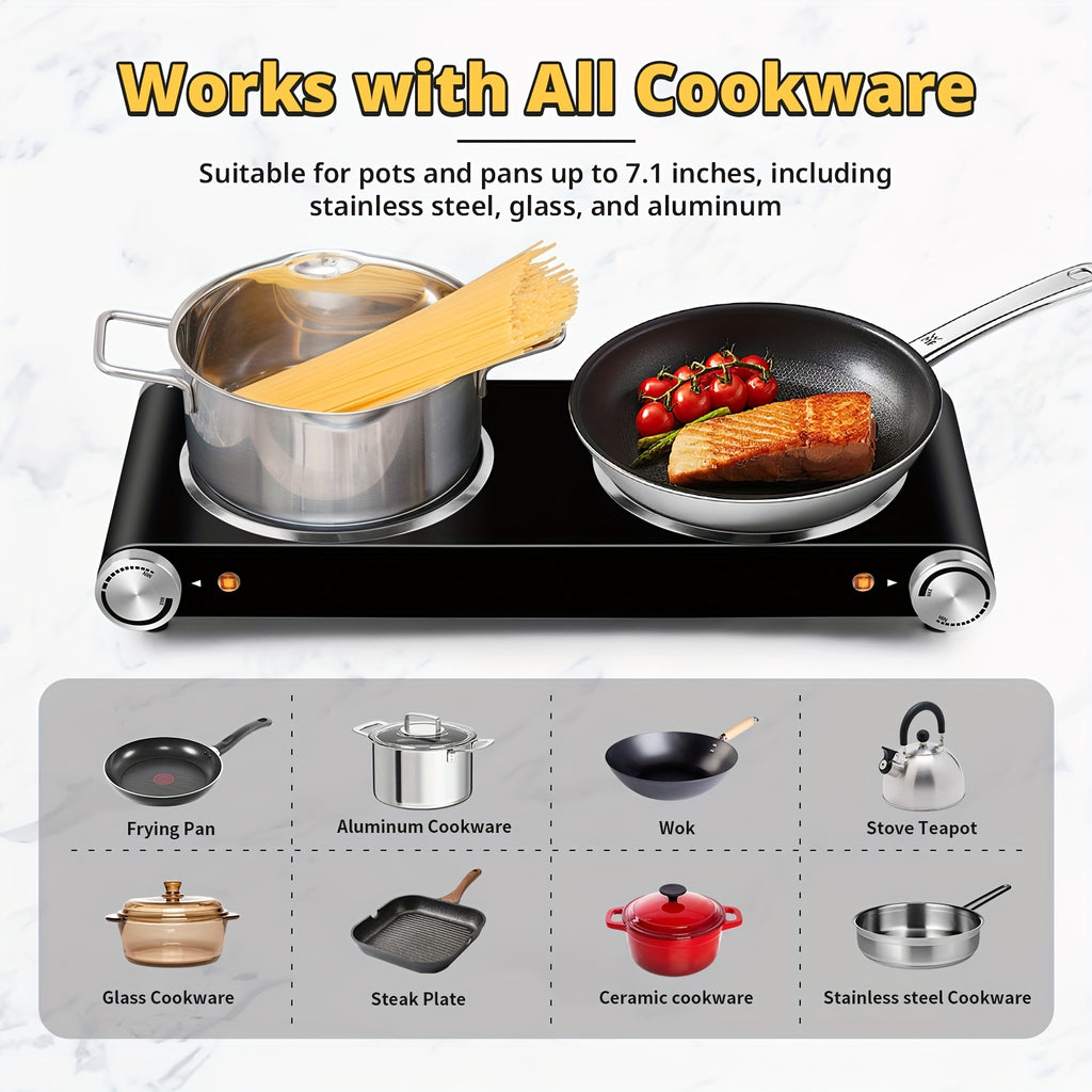 Tech 900W+900W Infrared Electric Hot Plate with Adjustable Temperature Control, Easy-Clean Surface & Power Indicator Light