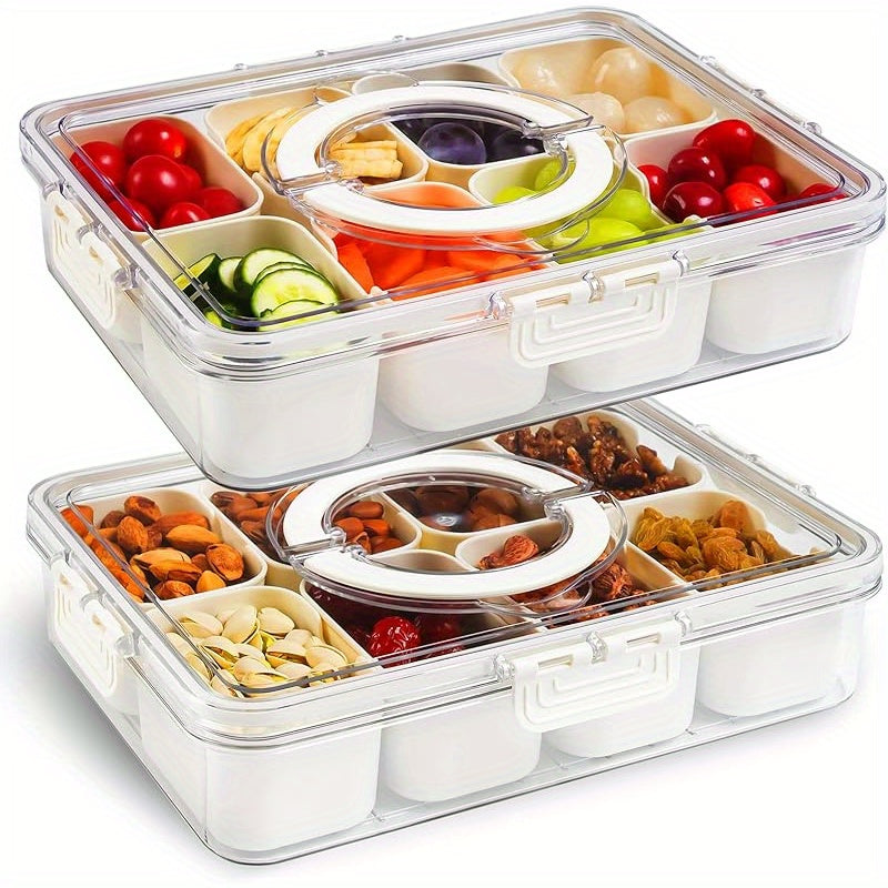 1/2 Pack Divided Tray with Lid and Handle, 8-Grid Freezer Plastic Snack Box, Transparent Portable Snack Box with Buckle Lid, Perfect for Fruits, Vegetables, Salad, Nuts, Ideal for Travel, Camping, Picnic and Lunch Box Organization