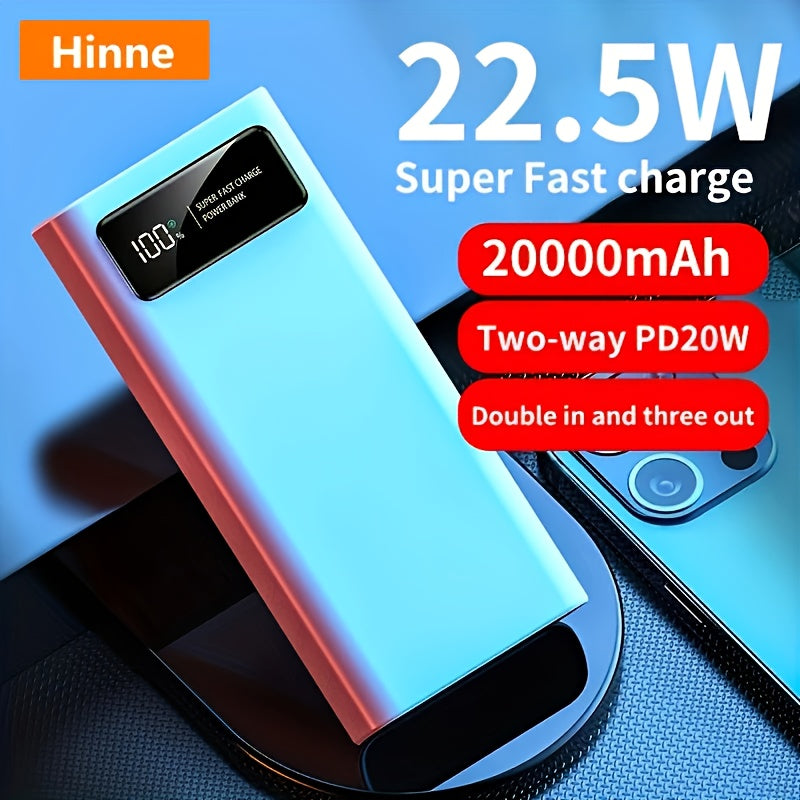 Hinne 10000/20000mAh Portable Power Bank with PD Fast Charging, USB Port, LED Digital Display, Type-C, High-Capacity Outdoor Emergency Backup Battery