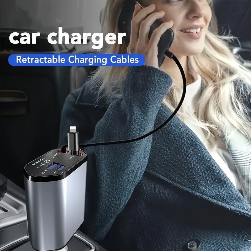 A 4-In-1 Fast Car Charger Adapter with 66W Quick Charging, Featuring 2 Retractable Phone Charging Cables (Type-C And Ios) And 2 Ports (USB-A And USB-C), Compatible with Iphone 16/15 Pro Max/14/13/Pro Max 12, a Must-Have for Vehicles.
