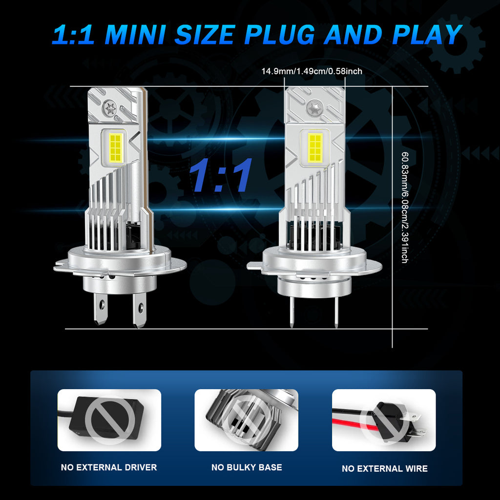 This is a set of two H7 LED headlights, offering 300W and 30000 lumens of brightness, designed for high beam and low beam functions. They are Canbus compatible, ensuring error-free operation, feature turbo fan cooling