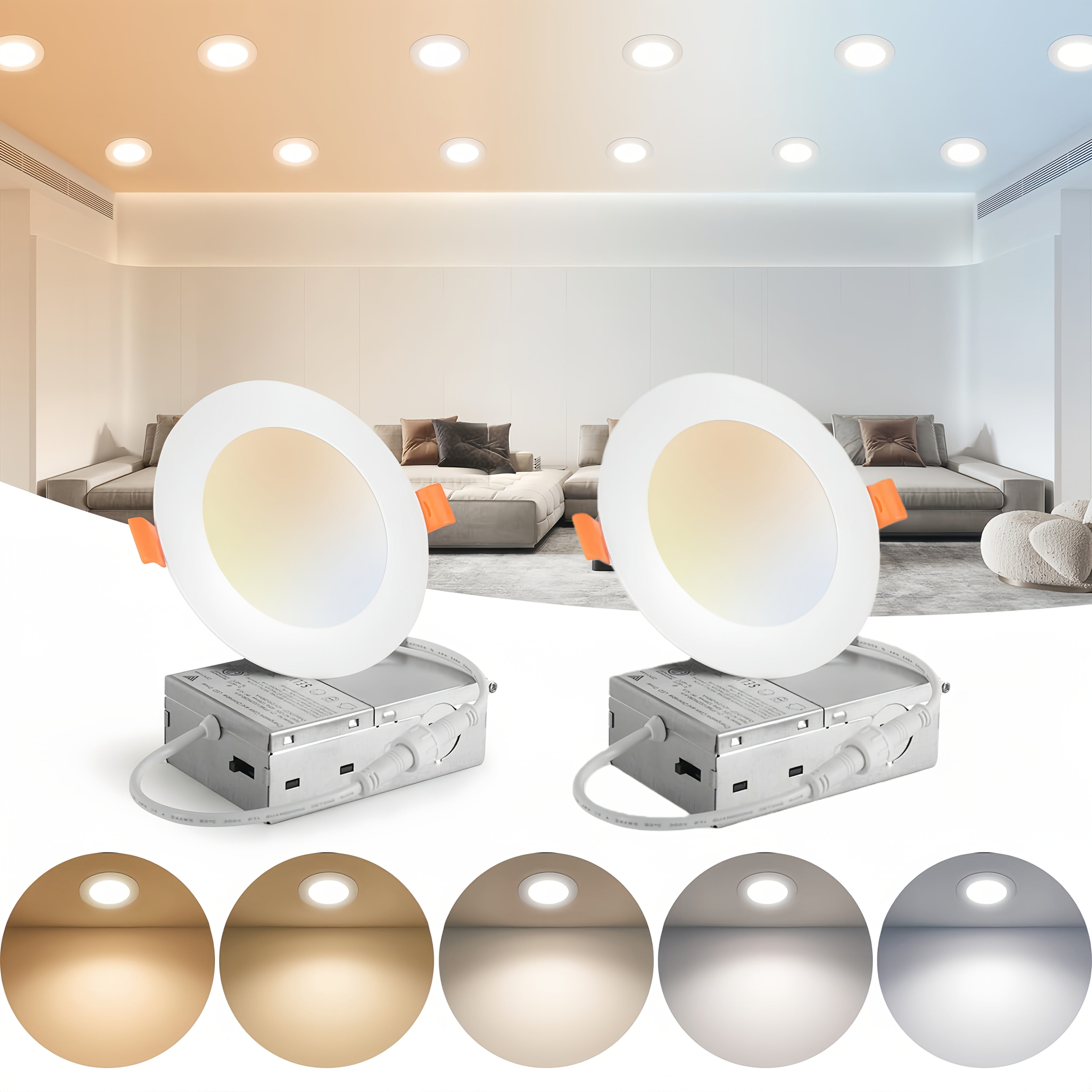 4-Pack Modern 6-Inch Ultra-Thin Recessed Downlight, Dimmable 5 CCT LED Downlight, 12W 1050 Lumen Junction-Boxless Ceiling Light, Suitable for Kitchen, Living Room, Hallway | Includes Junction Box, Easy Installation