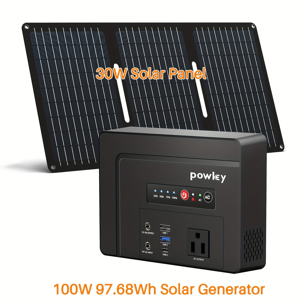行動式電源站100W/200W，配備30W/40W行動式太陽能充電板套件，97.68Wh/146Wh行動式太陽能發電機鋰離子電池組，帶AC DC USB輸出埠，適用於颶風停電、戶外露營、房車旅行電源包