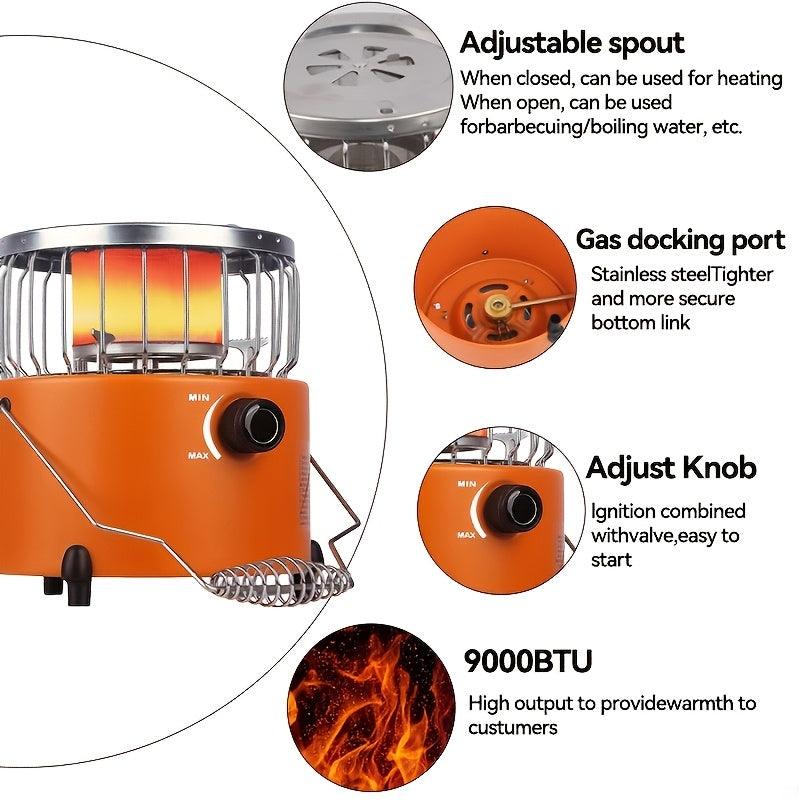 9000 BTU Adjustable Propane Heater Stove - 2-in-1 Indoor/Outdoor Portable Gas Stove, Ideal for Camping, Cooking & Emergency Preparedness, Compact 10.7 x 7 Inch Design, Orange & Blue, Adjustable Flame Control, Durable Stainless Steel Construction
