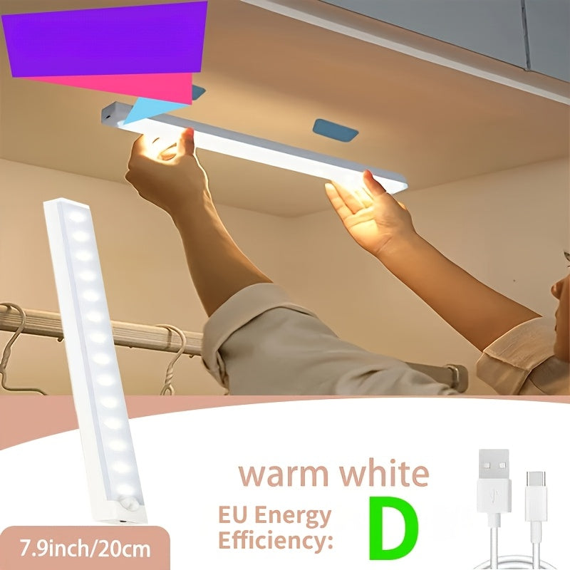 1个 3.94-19.69英寸 LED 智能运动探测灯条 - 无线 USB 供电暖白光 - 冷白光橱柜下照明，磁性粘合安装，易于安装，非常适合衣柜、橱柜和楼梯
