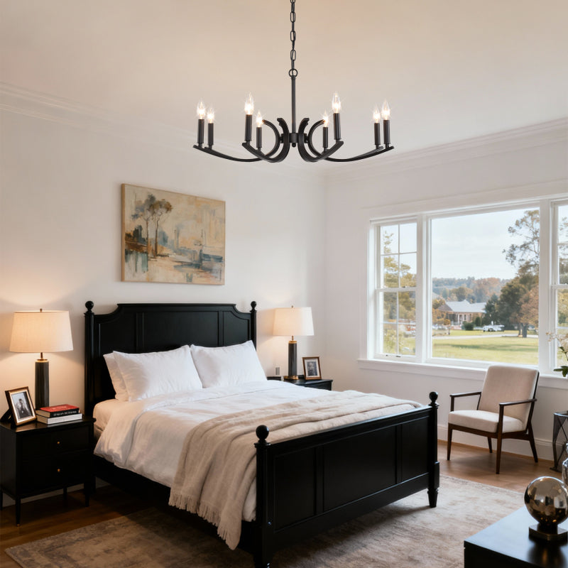 8-light farmhouse style chandelier, black metal branched chandelier, industrial style high ceiling living room dining room foyer lighting fixture, adjustable height - E12 base