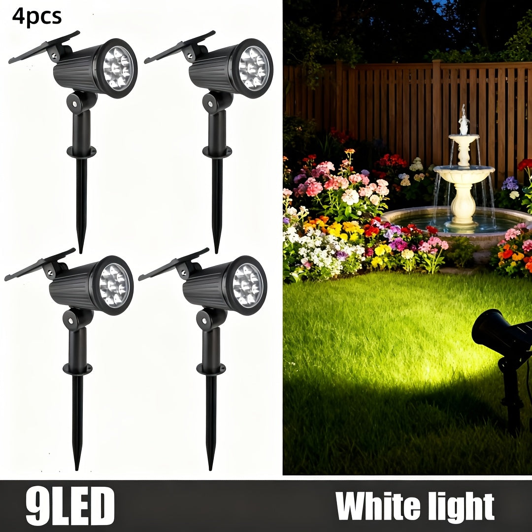 A set of 4 outdoor spotlight fixtures, featuring 9 LED solar lights, equipped with adjustable brightness and RGBW color-changing function. These landscape lights are easy to install, suitable for gardens, driveways, patios