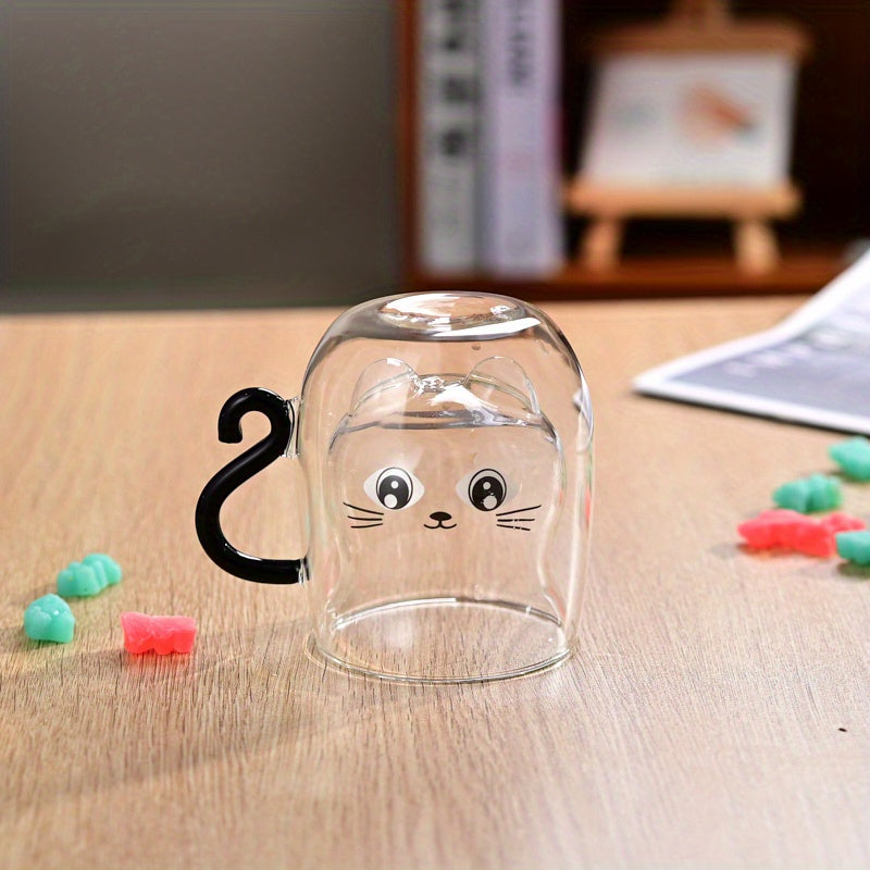 One Cute Cat-Themed Glass Mug, Hollow Double-Wall Insulated Cup for Coffee & Milk, Suitable for Espresso and Beverages, Ideal for All Seasons, Perfect Gift Item