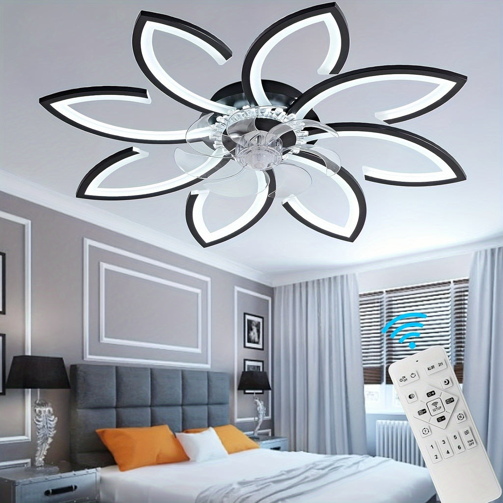 Qcyuui 35 Inch Modern Bladeless Ceiling Fan with Light, Remote Control, Ultra-Thin, Flush Mount, Smart, Reversible Blades, for Bedroom, Living Room, Black