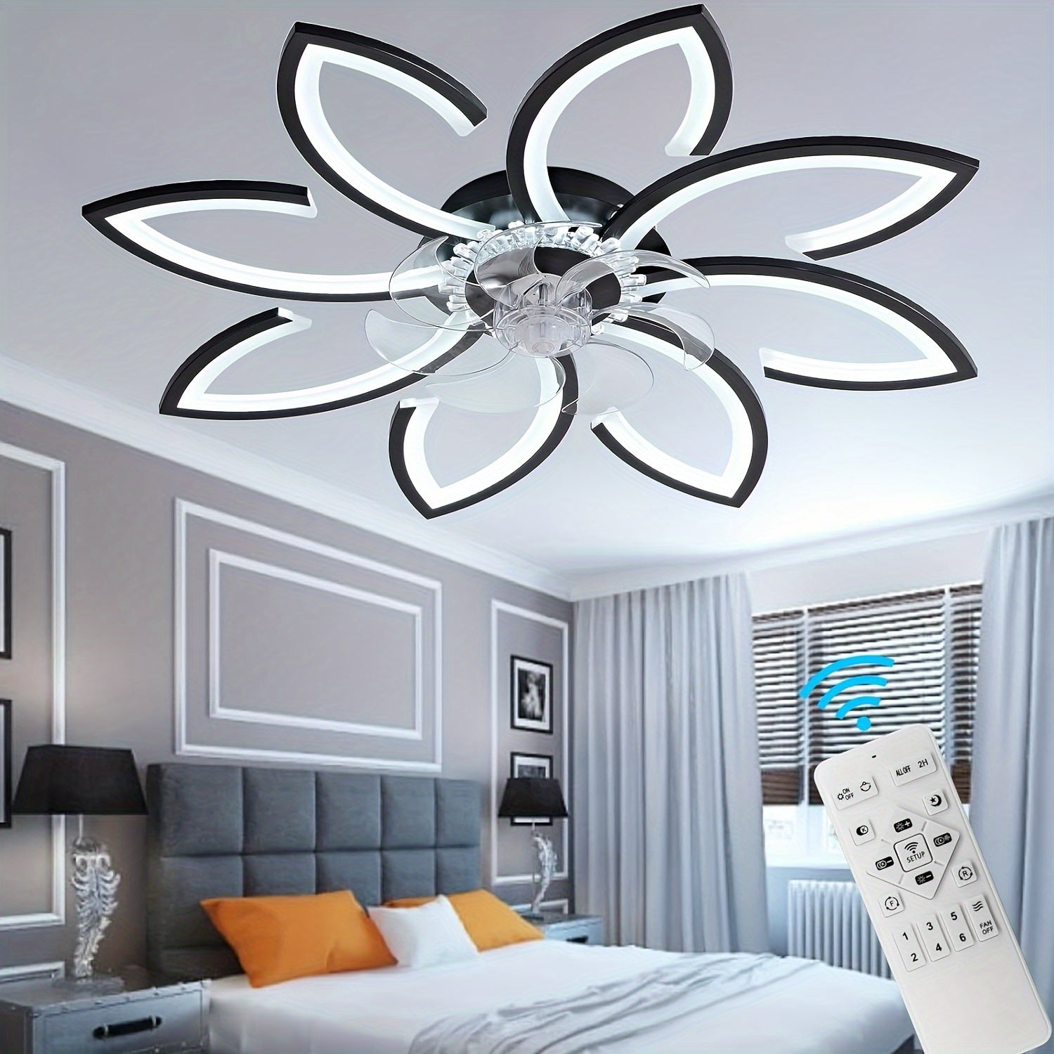 Qcyuui 35 Inch Modern Bladeless Ceiling Fan with Light, Remote Control, Ultra-Thin, Flush Mount, Smart, Reversible Blades, for Bedroom, Living Room, Black