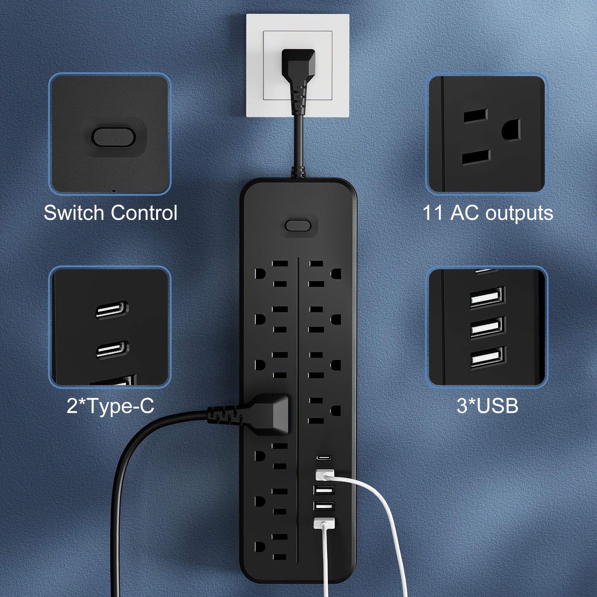 One 16-in-1 Power Adapter with 11 AC Outlets, 3 USB Ports, and 2 Type-C Ports. Compact Design, Wall Outlet Converter with Surge Protector, Portable and Convenient for Home, Kitchen, Dorm, and Office Use