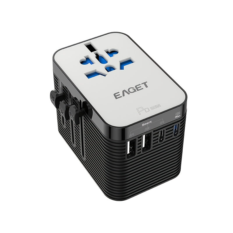 1pc Eaget Greatest Universal Travel Adapter Plus+ Power Strips | 2Usb And 2Type-C Ports, 100V-250V Input, Us/Eu/Uk/Au Plugs, Short-Circuit Protection, All-In-One Wall Charger High-Speed Travel Adapter For Over 350+ Countries