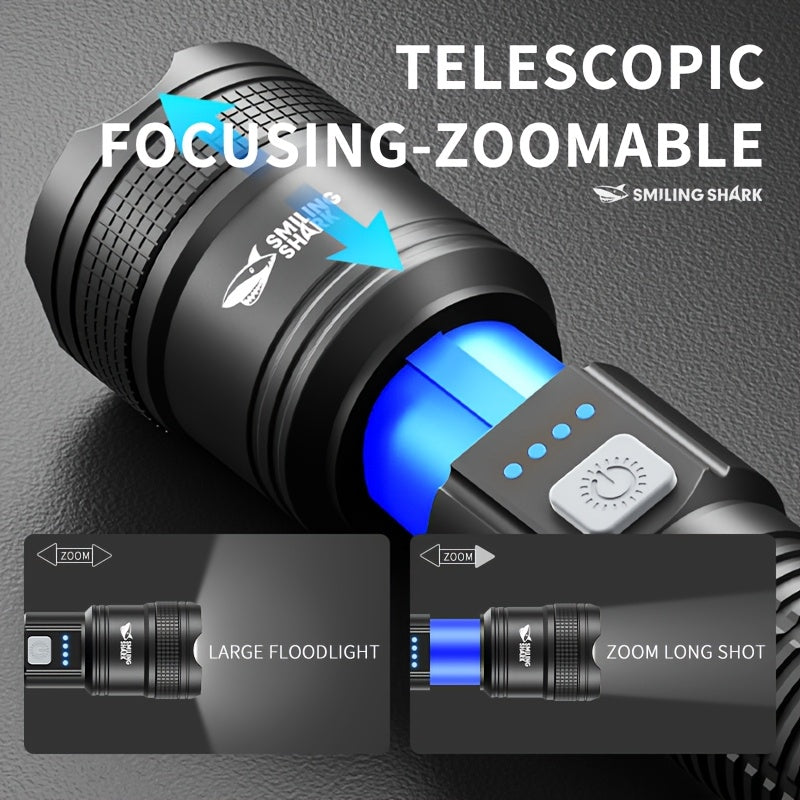 1PC SMILING SHARK Rechargeable Flashlight Super Bright Tactical Flashlight Zoomable LED Spotlight 3 Lighting Modes Portable Light for Hiking Camping Fishing Outdoor Emergency SD5242A