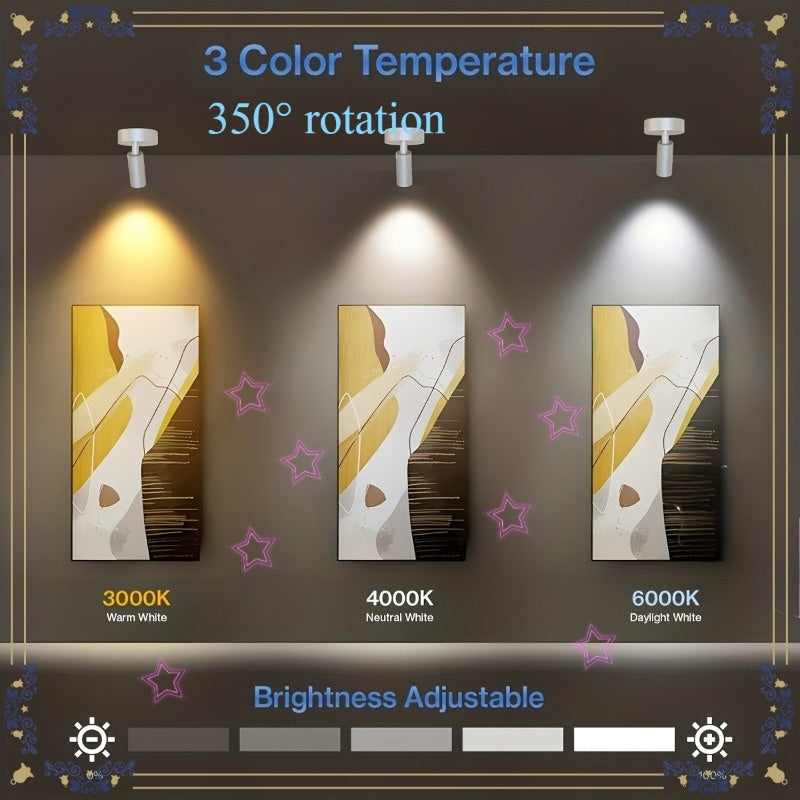 1-Piece, 3-Color Temperature Magnetic Wireless Sensor LED Spotlight/Wall Light: USB Rechargeable, Adjustable Warm/Cool/Neutral Light, 350° Rotatable, Suitable for Hallway, Art Display and Plant Lighting