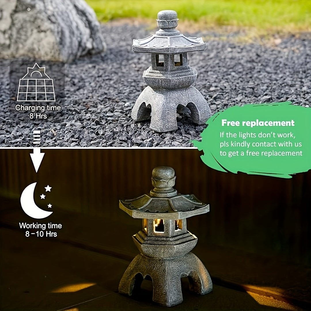 Garden Solar Glazed Pagoda Lamp Statue, Suitable for Indoor and Outdoor Use, Perfect for Adding a Touch of Zen Asian Style to Your Landscape, Balcony, Garden, Patio or Porch. Made of Polyester Resin with Grey Stone Base