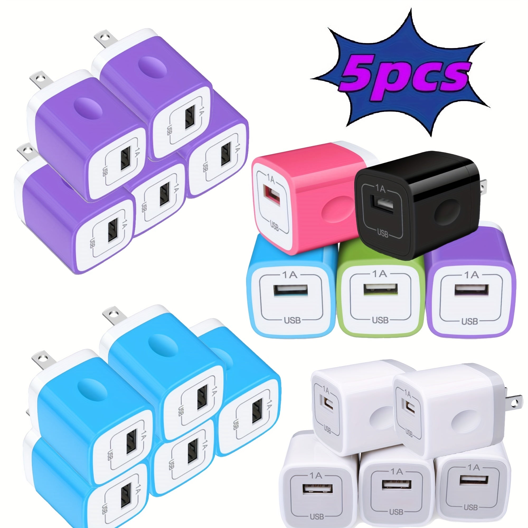 [5pcs-1Port 5W] USB Charger Wall Plug, Outlet AC Power Adapter Block Cube for iPhone, for iPad, for Samsung, for Android or Type A Phones Charge Multiple USB Hub Station Base