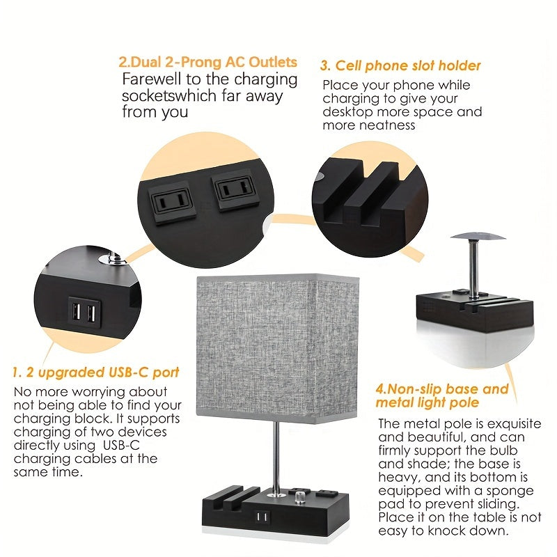 Dimmable table lamp bedroom dual USB port bedside lamp for nightstand counter lamp with charging station, 2 power outlets, fabric lampshade, LED bulb