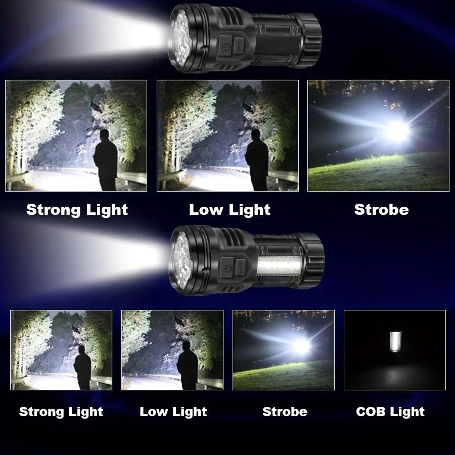 1PC 2025 New Rechargeable 9-LED Flashlight with COB Side Light, USB Power Supply, 1800mAh Lithium Battery, Standard Functions Including USB Cable, Portable Emergency Spotlight for Outdoor Use