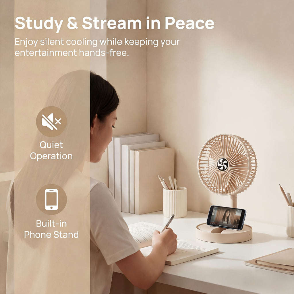 Retractable Foldable Desktop Fan, Portable Telescopic Design, Natural Cooling, Ideal for Home, Office, Balcony and Desk, Compact Stylish Fan (Beige / White)