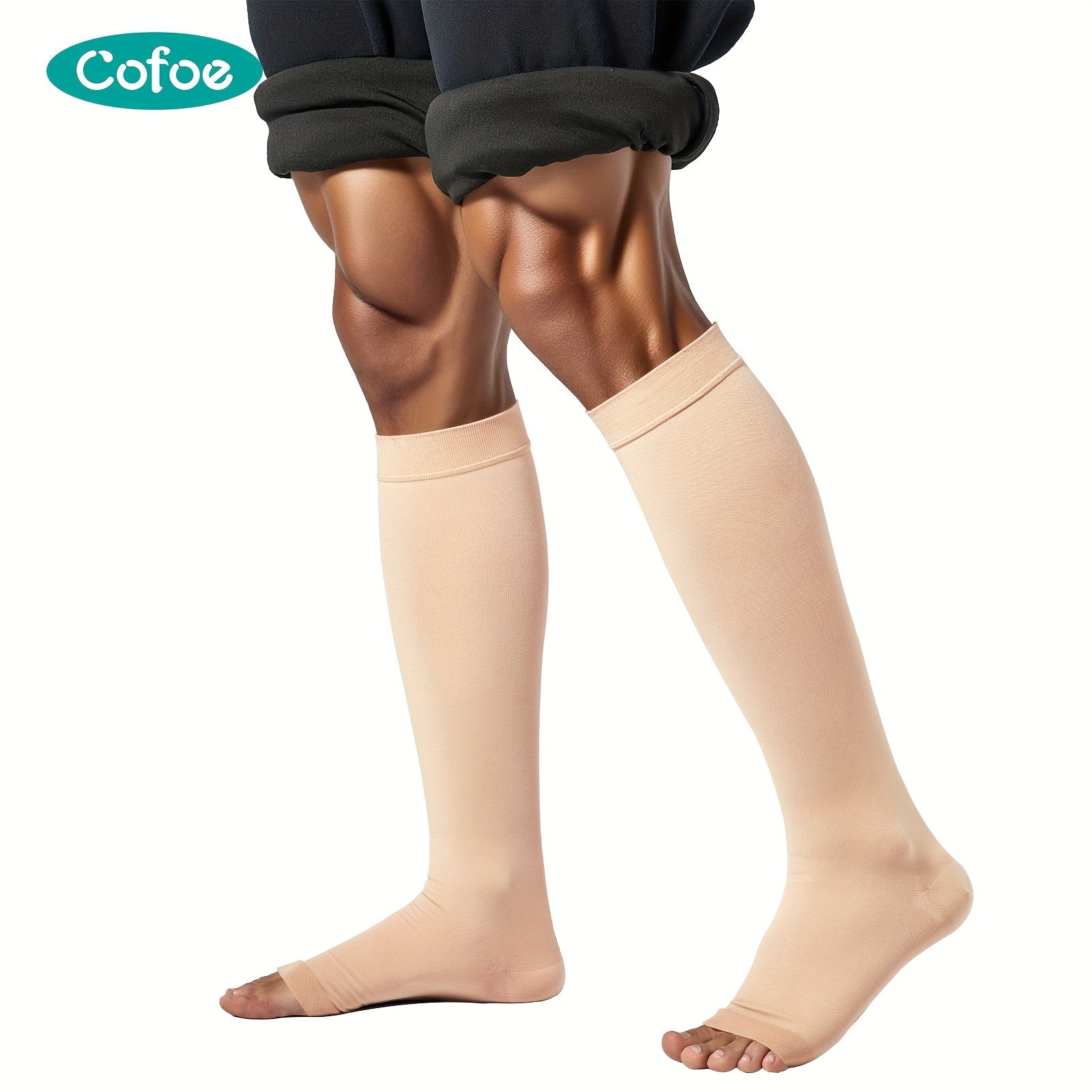 COFOE - 男女通用膝高压缩袜 22-32mmHg (80% 尼龙/20% 氨纶) - 渐进压力适用于静脉曲张、跑步、运动和旅行 - 全天候弹性开口及腿部护理紧身袜