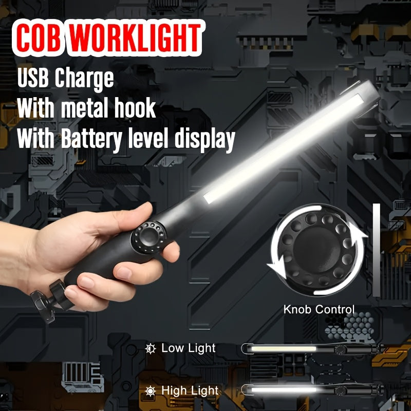 1/2Pcs Super Bright Handheld Work Light Rechargeable LED Flashlight Power Level Display Rotatable Dimmable Hands-Free COB Flashlight With Hook USB Charging for Fishing Hiking