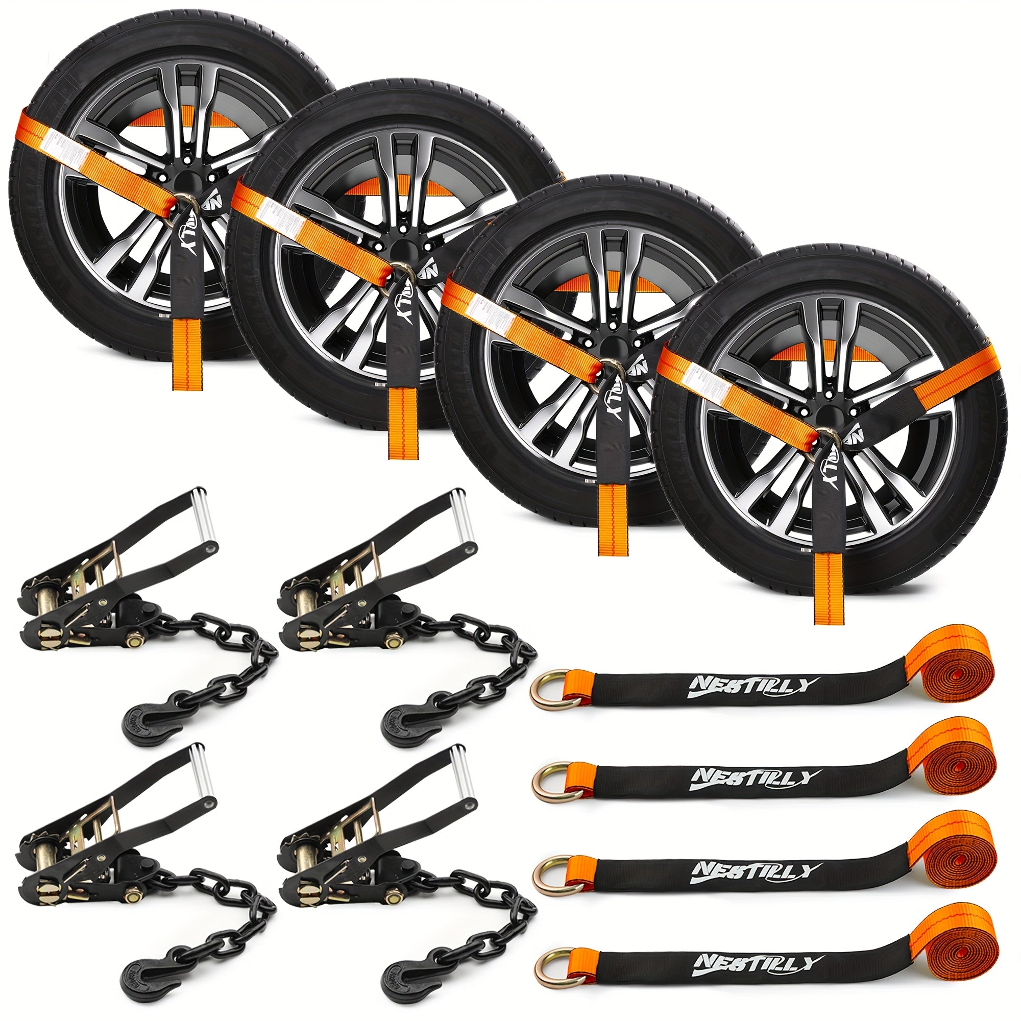 4-Pack Reflective Car Trailer Tie Down Straps - Tire Ratchet Straps with Chain Anchor Device - 2in x 8ft, 9900lb Break Strength - Lasso-Style Wheel Straps for Transporting ATVs, SUVs, Trucks
