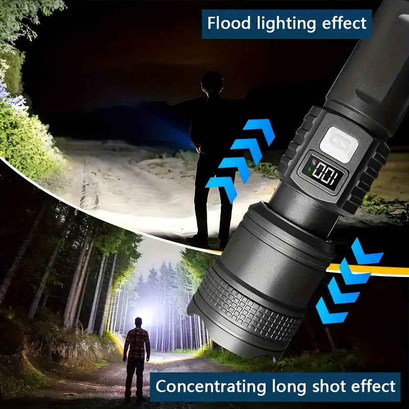High Beam Long Range Flashlight, Super Bright Large Aperture Telescopic Zoom Torch, USB Rechargeable LED Searchlight, Drop-Proof Non-Slip Grip, Home Power Outage Emergency Light, Outdoor Tactical Flashlight, IP65 Waterproof