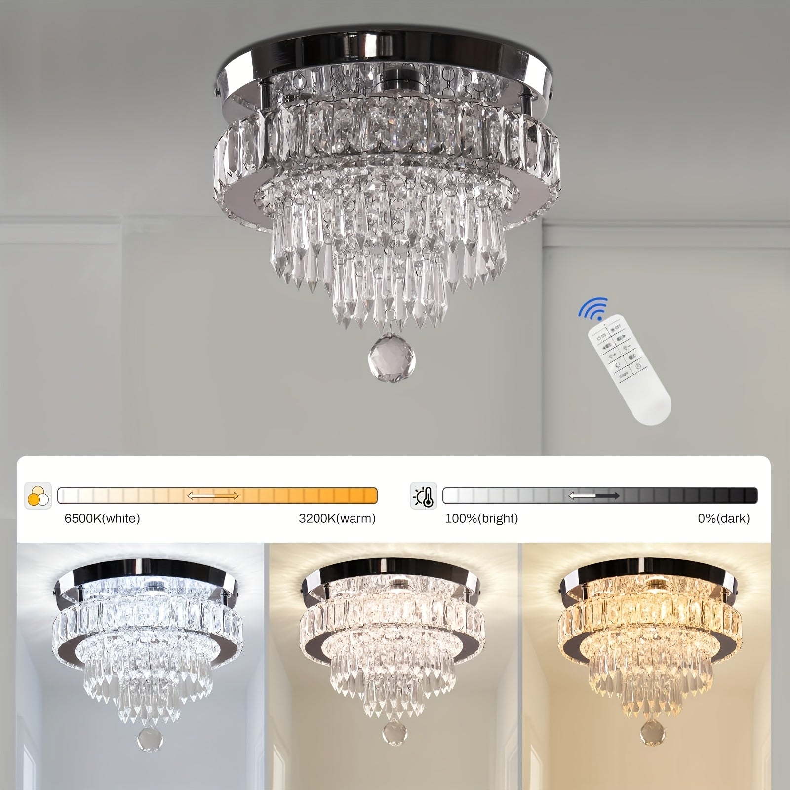 Remote Control Dimmable LED Crystal Ceiling Light - 11.8-Inch Modern Pendant Light with 3 Adjustable Light Colors, Suitable for Bedroom, Living Room and Hallway