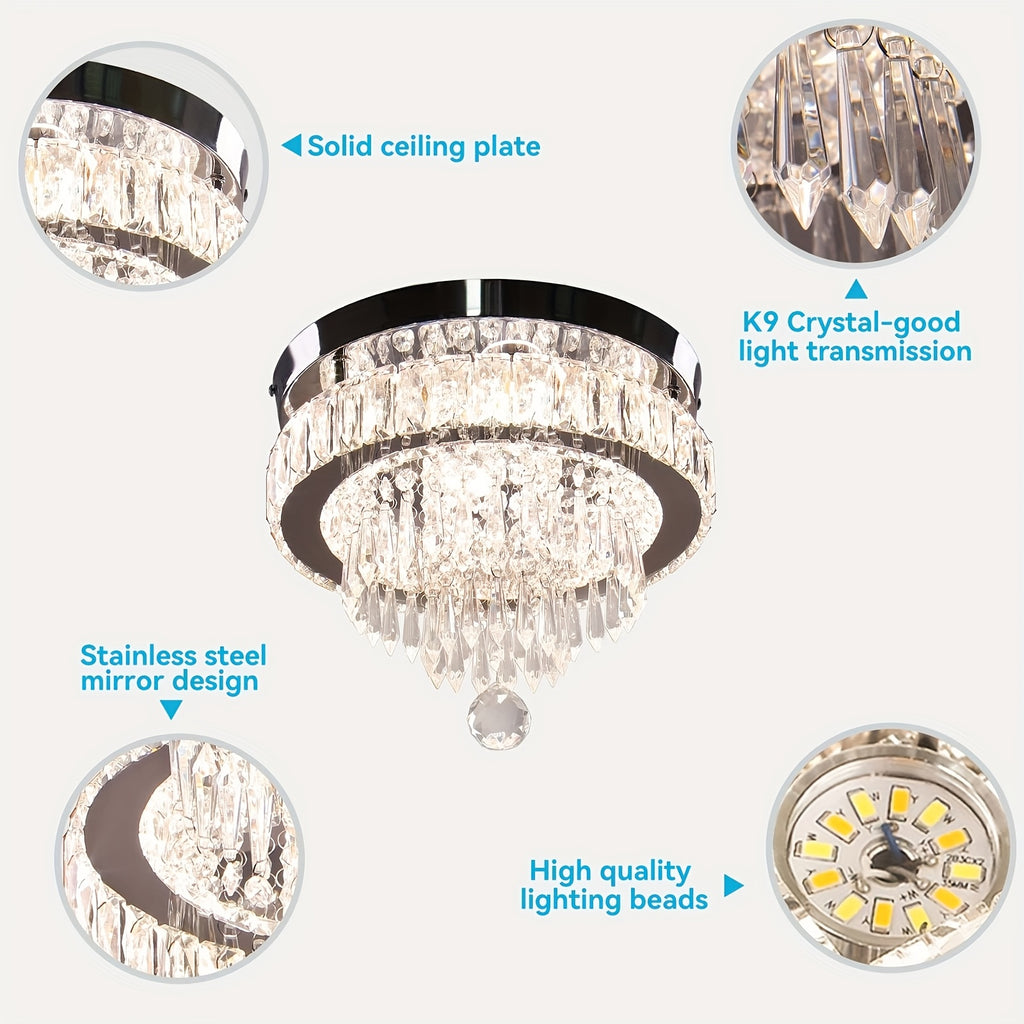 Remote Control Dimmable LED Crystal Ceiling Light - 11.8-Inch Modern Pendant Light with 3 Adjustable Light Colors, Suitable for Bedroom, Living Room and Hallway