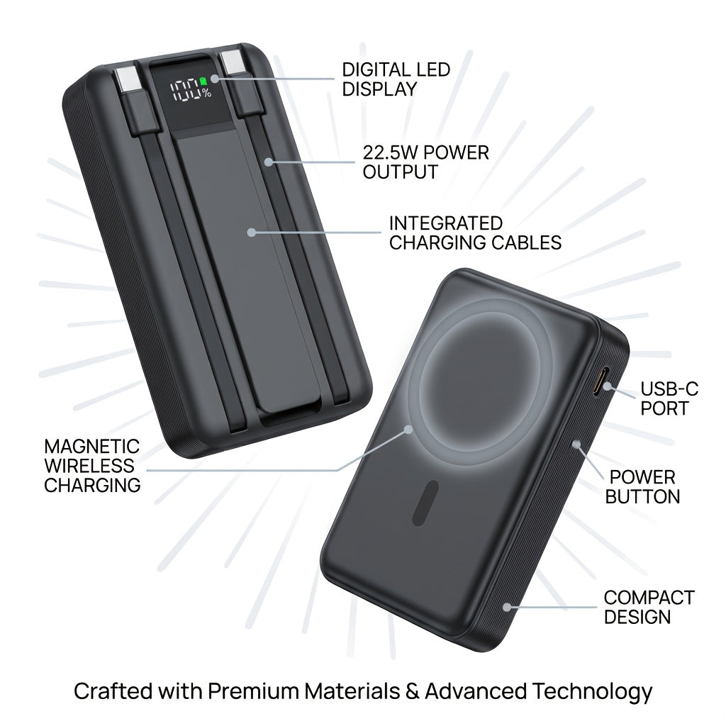 A 10000Mah 22.5W Magnetic Portable Power Bank Featuring Two Integrated Cables, an Essential Accessory for Everyday Travel