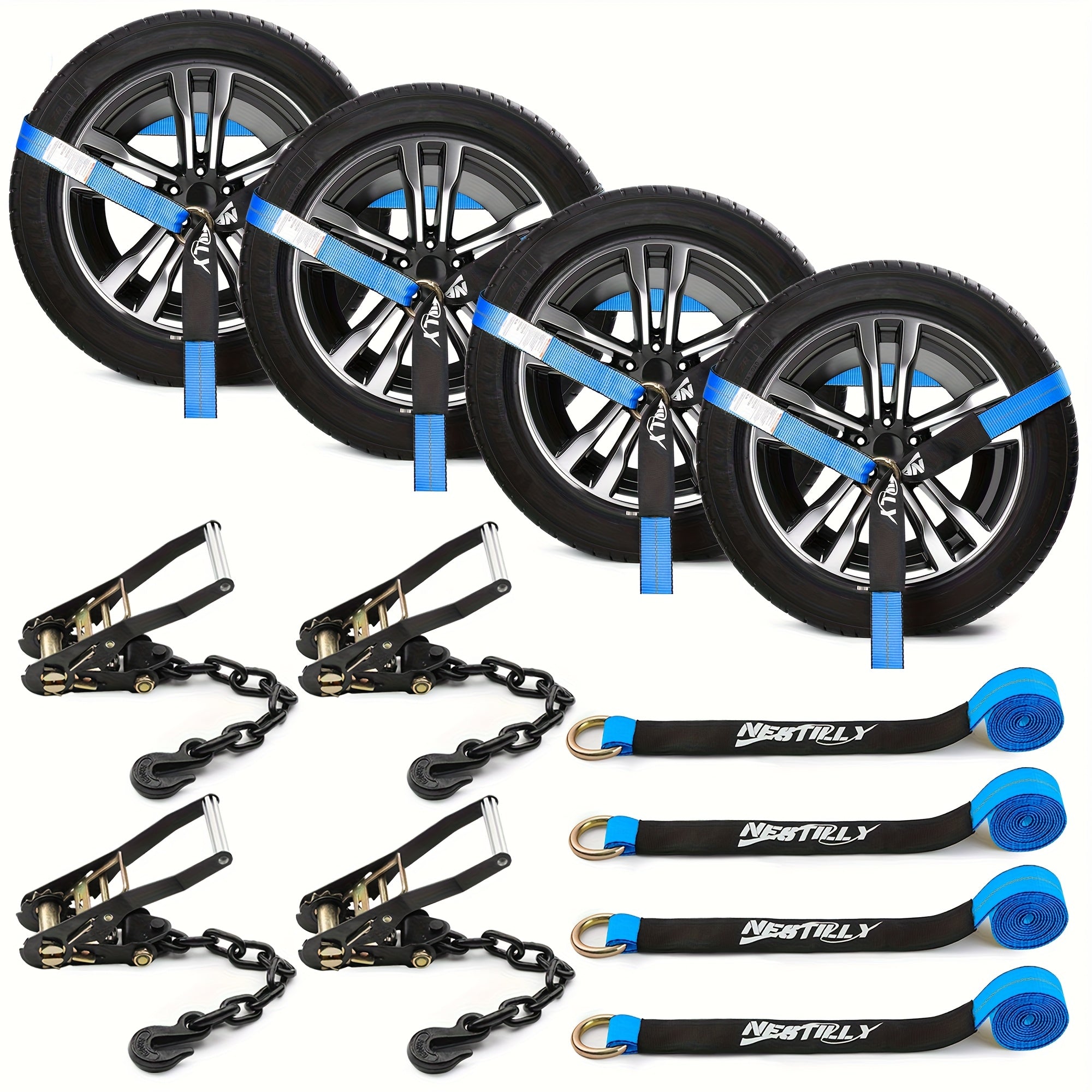 4-Pack Reflective Car Trailer Tie Down Straps - Tire Ratchet Straps with Chain Anchor Device - 2in x 8ft, 9900lb Break Strength - Lasso-Style Wheel Straps for Transporting ATVs, SUVs, Trucks