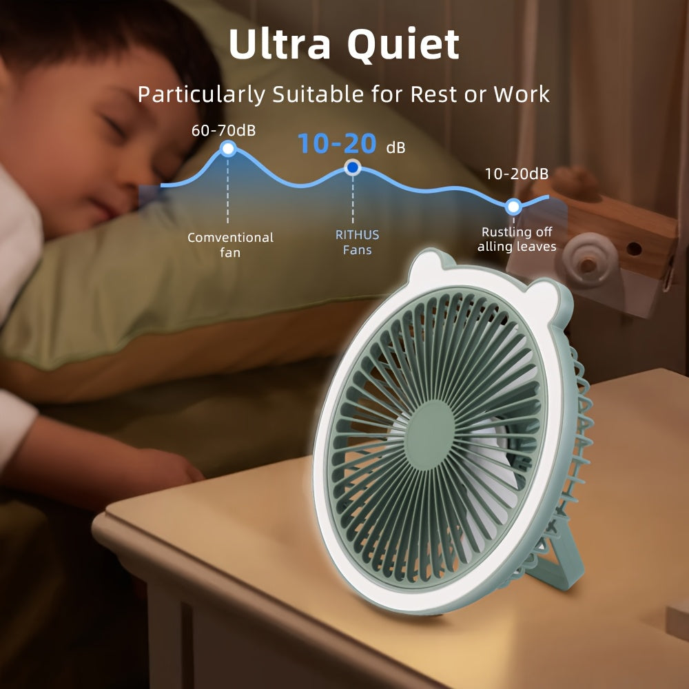 Rechargeable Portable Fan with Desktop Lighting Function, 3 Wind Speed Modes, Up to 7 Hours Runtime, Multi Placement Design, Ideal for Outdoor Activities and Travel
