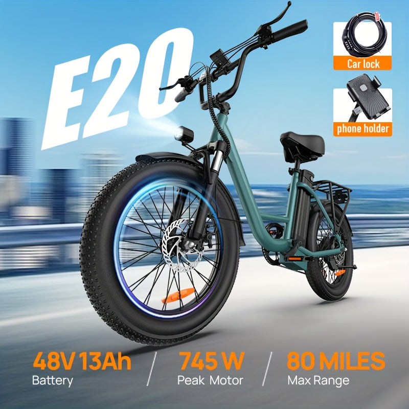 1x 745W 全地形电动自行车 Beast | 20x3 英寸大轮胎，48V 13Ah 可拆卸电池，20MPH，7速液压碟刹，征服小路和街道，经典款式