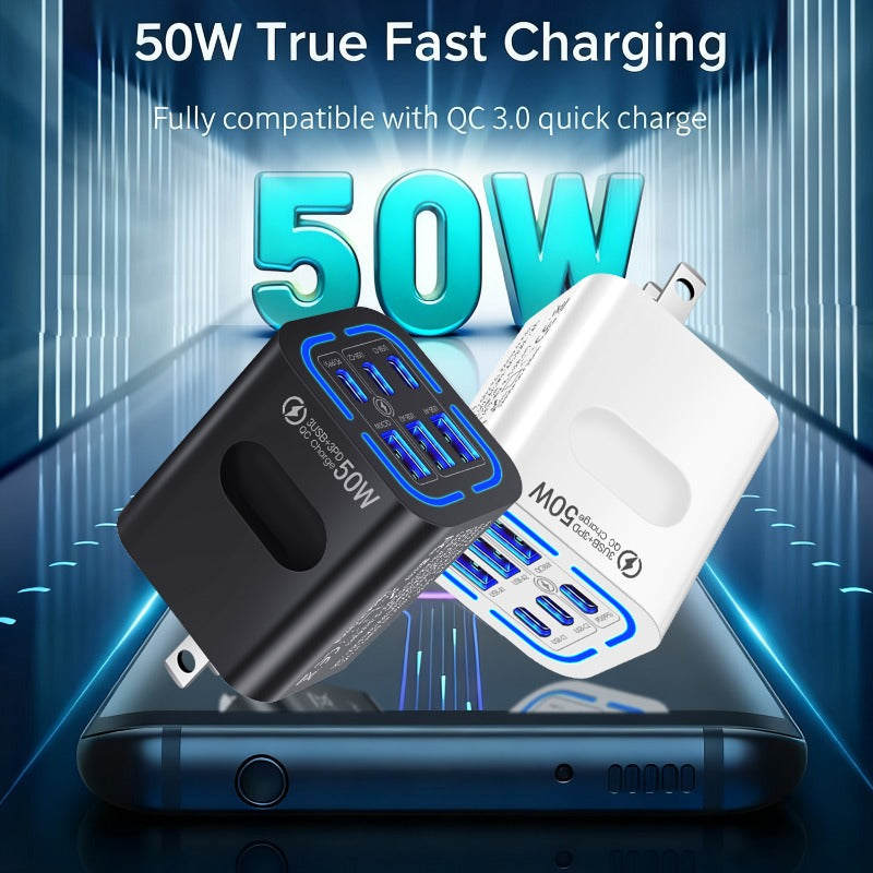 50W US Standard Plug, 3 USB-C + 3 Type C Port Compact Power Adapter | Fast Charging, for iPhone 17 16 15 14 13 12 11 Pro Max Plus, for Samsung, Airpods, iPad, MacBook - UK Charger, US Specification Plug