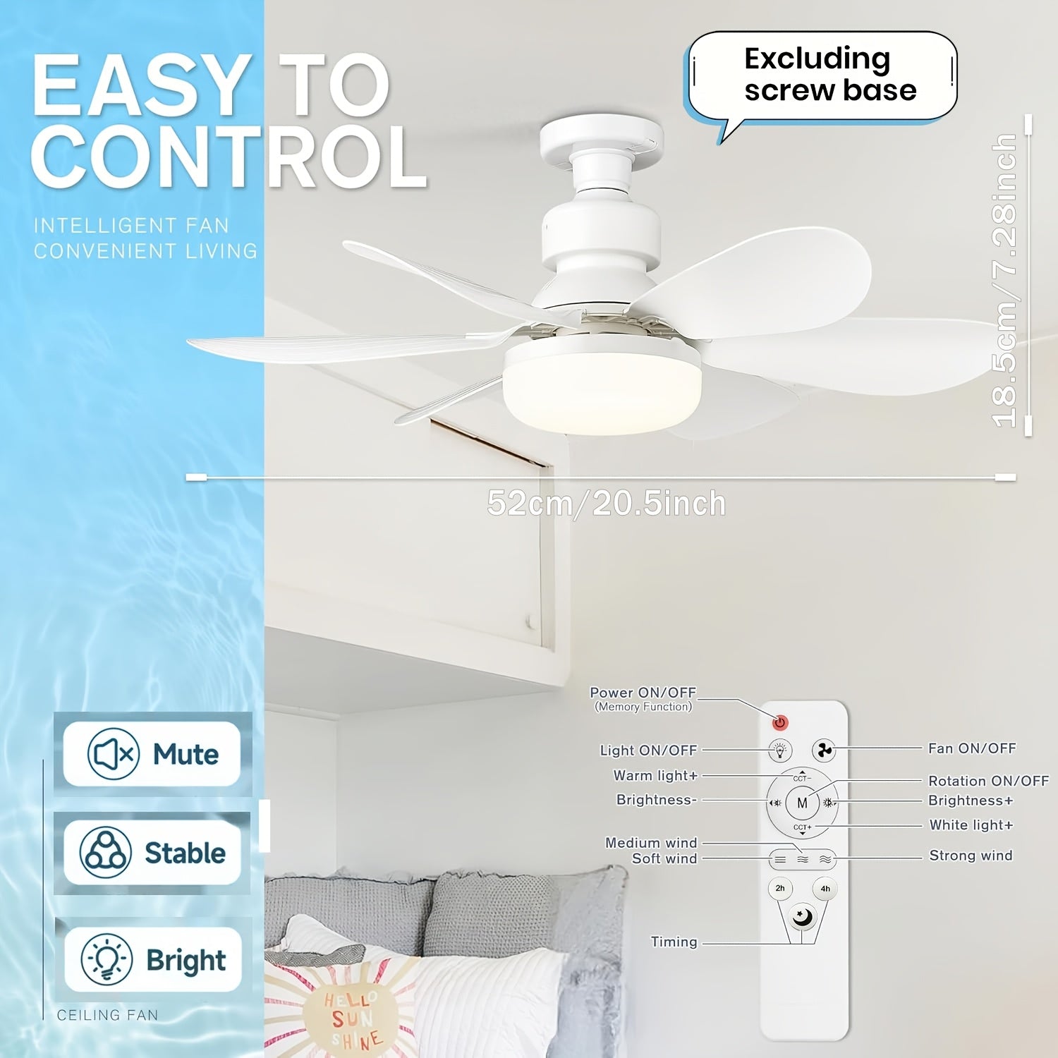 20.5/16.5 Inch Smart LED Ceiling Fan Light, Multicolor & White Light with Remote, 3 Color Temperatures (3000K-6500K) Dimmable, Quiet 3-Speed, Easy Installation, E26/E27 Interface, Modern Ceiling Fan Lamp, 40W for Bedroom Kitchen Garage Workshop