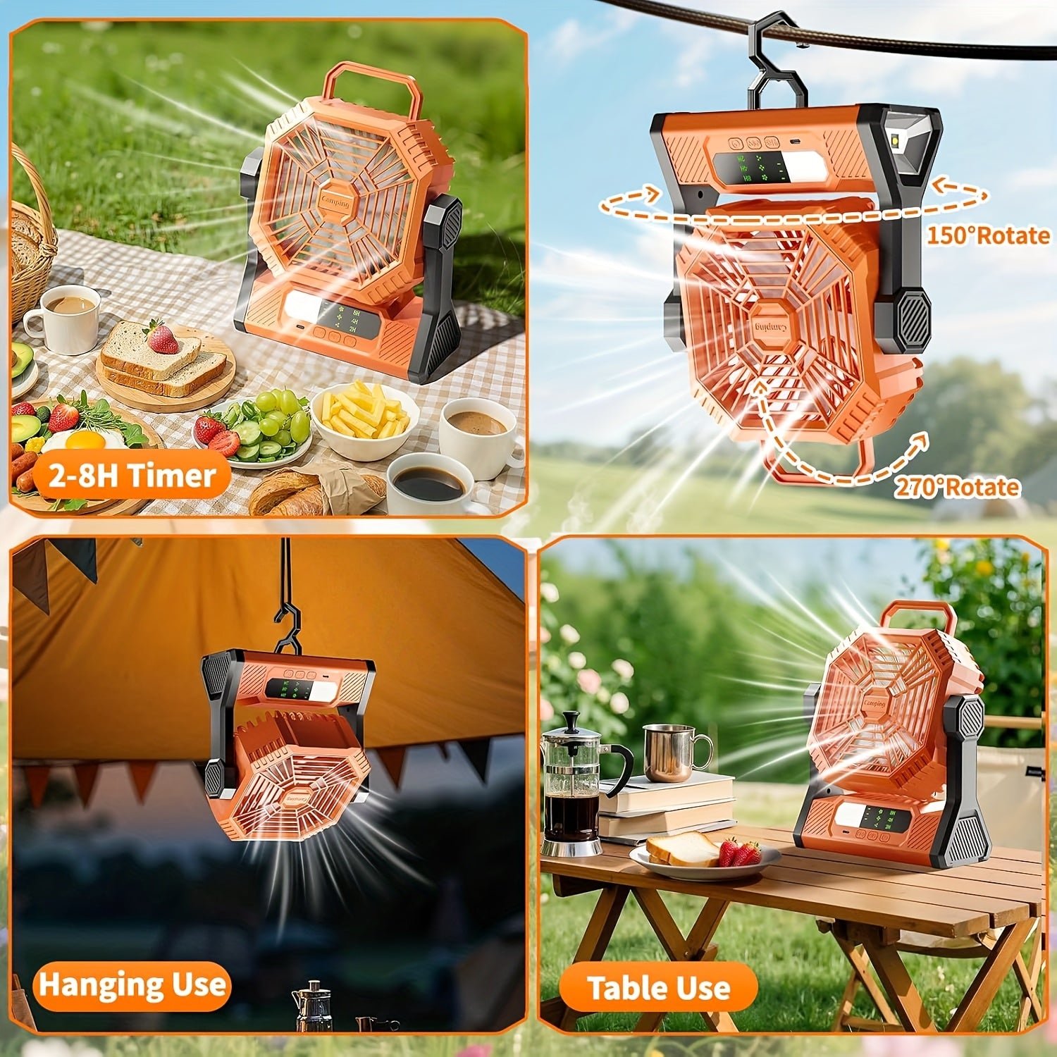 Industrial-Grade Portable Camping Fan, 10000mAh Tent Camping Fan, Auto Oscillating Cordless, Tent Fan with Remote Control/Light, 3 Speed Levels, 3 Timer Settings, with LED Light, 30H Runtime, USB-C Fast Charging