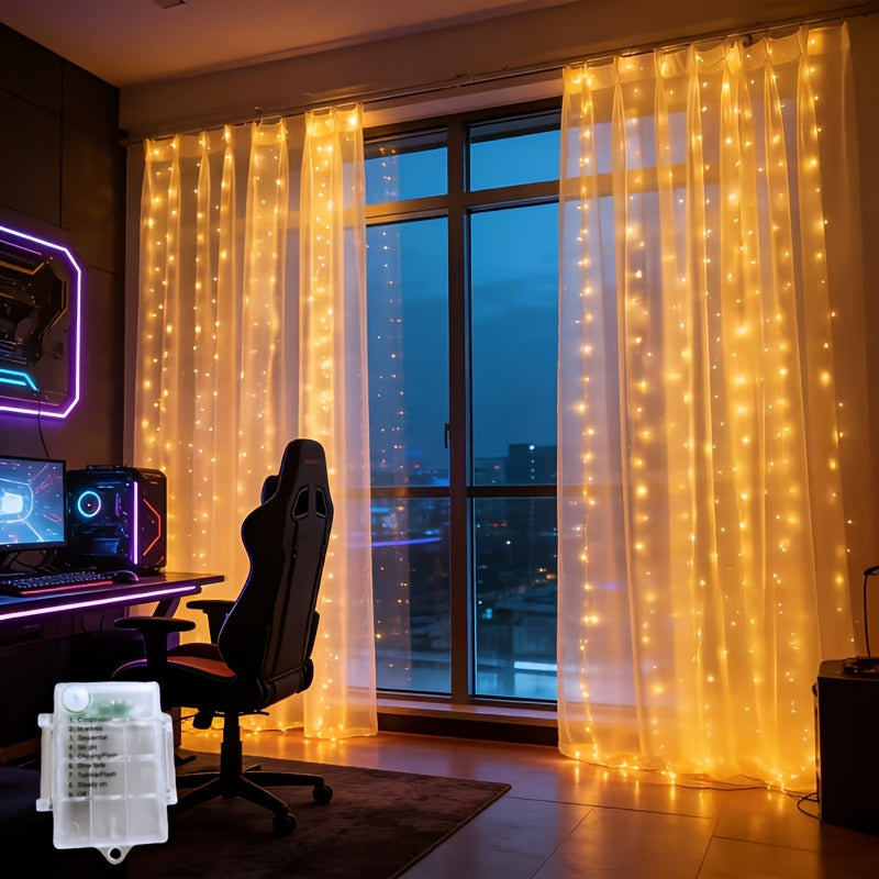 2个型号（200LED/300LED）可选的LED窗帘串灯，8种闪烁模式暖白光，卧室窗户墙壁装饰，婚礼母亲节感恩节节日灯，万圣节圣诞节新年氛围串灯